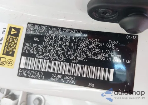 2013 Toyota Highlander Hybrid Base V6 from USA, damaged, VIN JTEBC3EH7D2016587